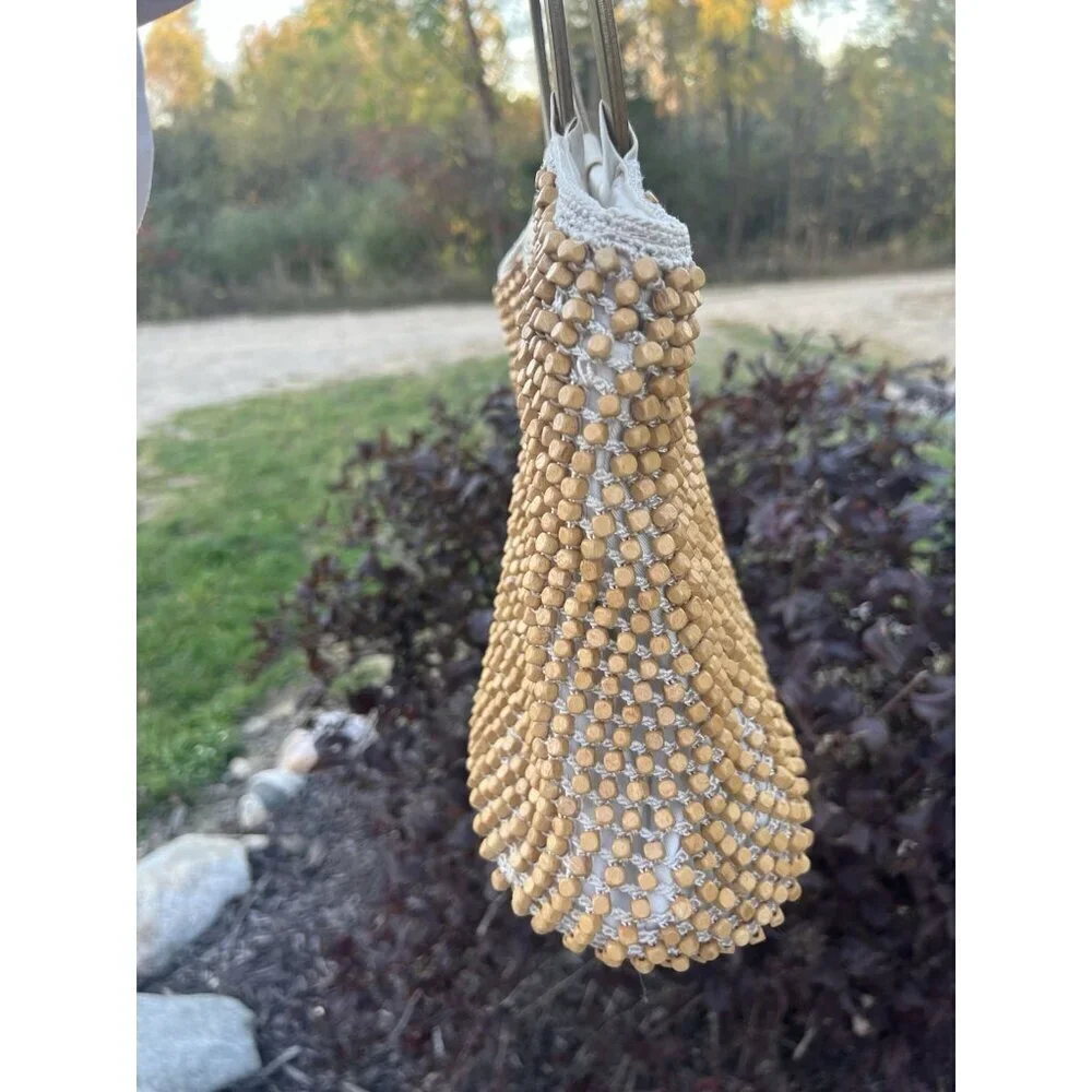 Vintage 90s The Sak beige cream crochet beaded top wood handle bag retro beachy